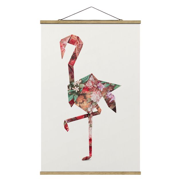 Fabric print with poster hangers - Origami Flamingo