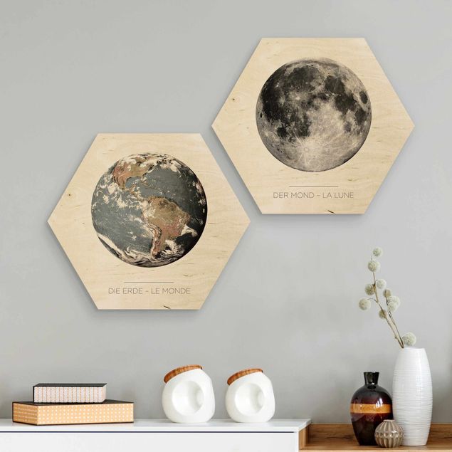 Wooden hexagon - Moon And Earth