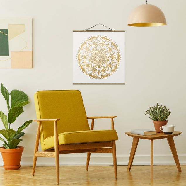 Fabric print with poster hangers - Mandala Flower Gold White