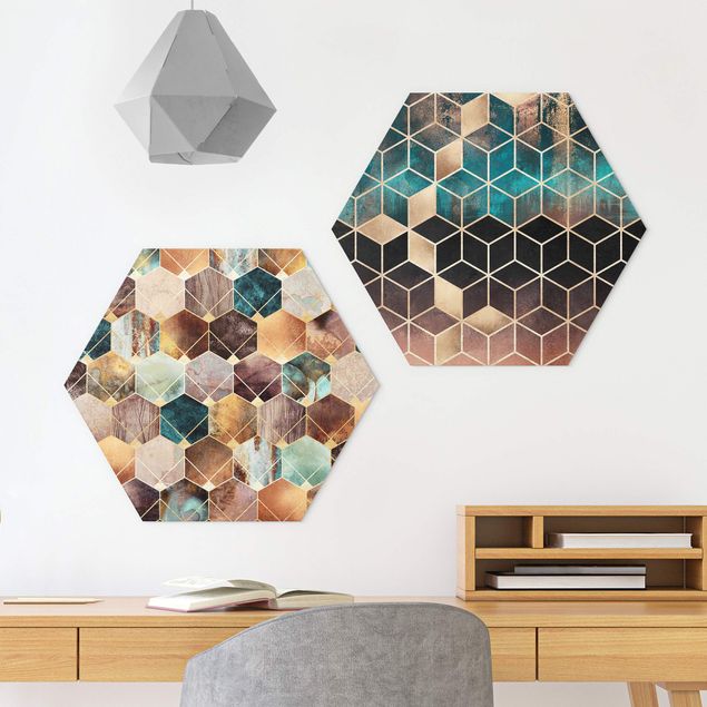 Alu-Dibond hexagon - Turquoise Geometry Golden Art Deco Set