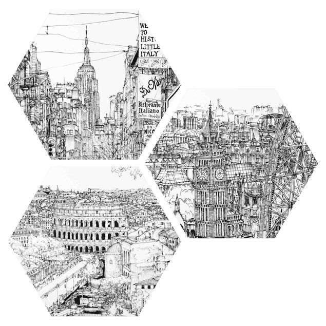 Alu-Dibond hexagon - City Studies - New York - London - Rome