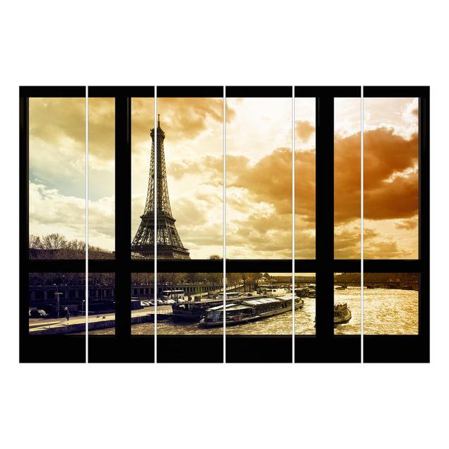 Sliding panel curtains set - Window view - Paris Eiffel Tower sunset
