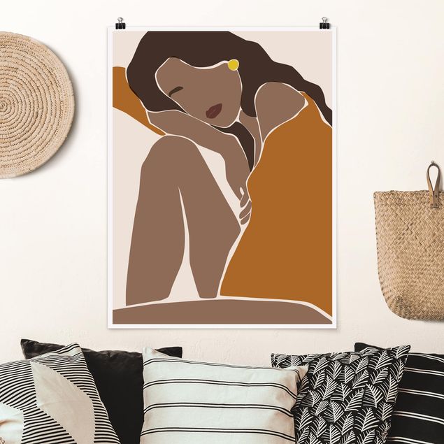 Poster - Line Art Woman Brown Beige