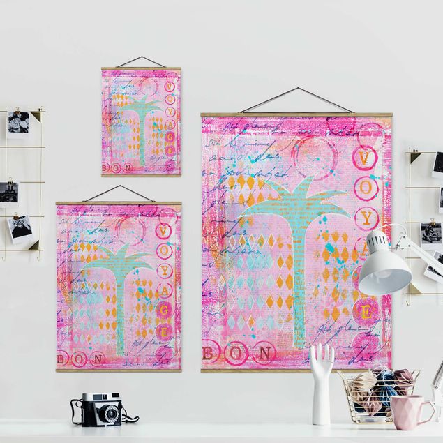 Fabric print with poster hangers - Colourful Collage - Bon Voyage With Palm Tree