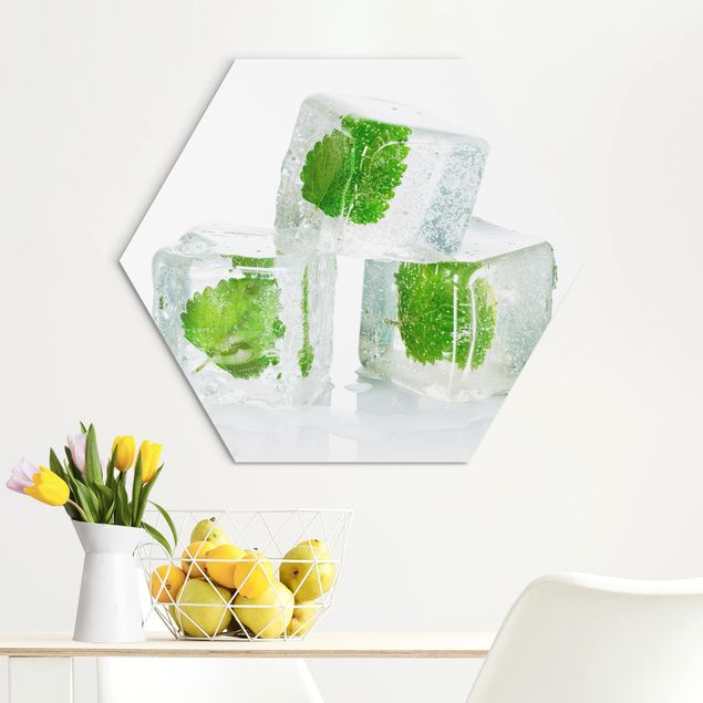 Alu-Dibond hexagon - Three Ice Cubes With Lemon Balm