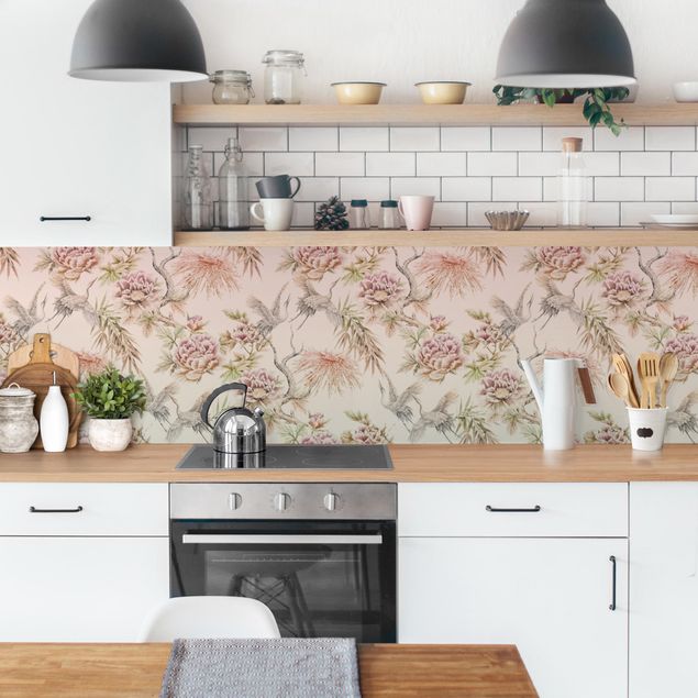Kitchen wall cladding - Watercolour Birds With Large Flowers In Ombre