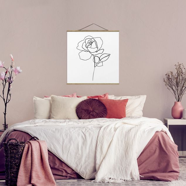 Fabric print with poster hangers - Line Art Rose Black White
