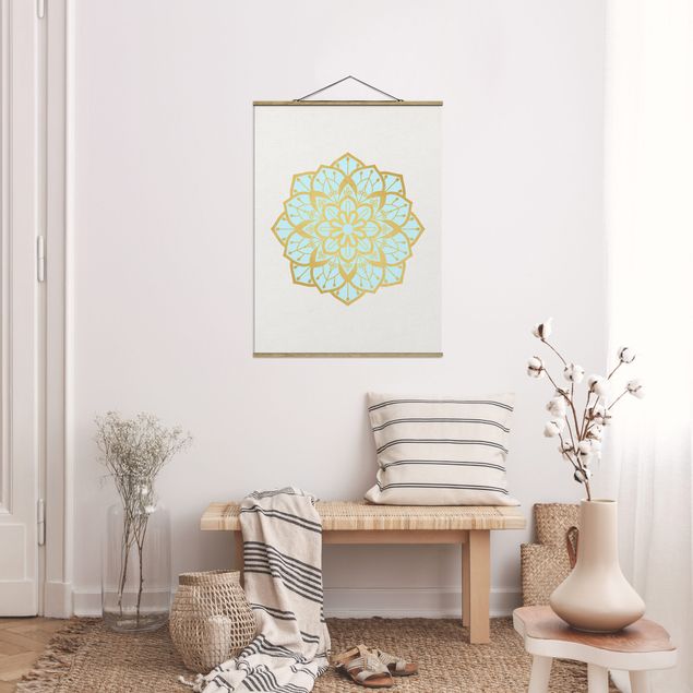 Fabric print with poster hangers - Mandala Illustration Flower Light Blue Gold