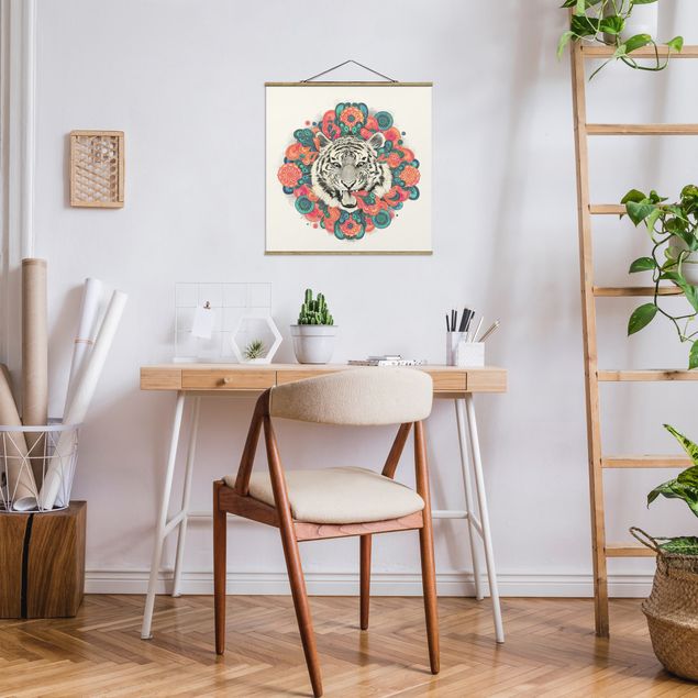 Fabric print with poster hangers - Illustration Tiger Drawing Mandala Paisley