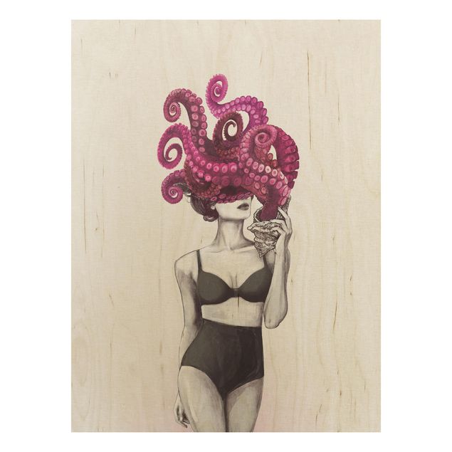 Print on wood - Illustration Woman In Underwear Black And White Octopus