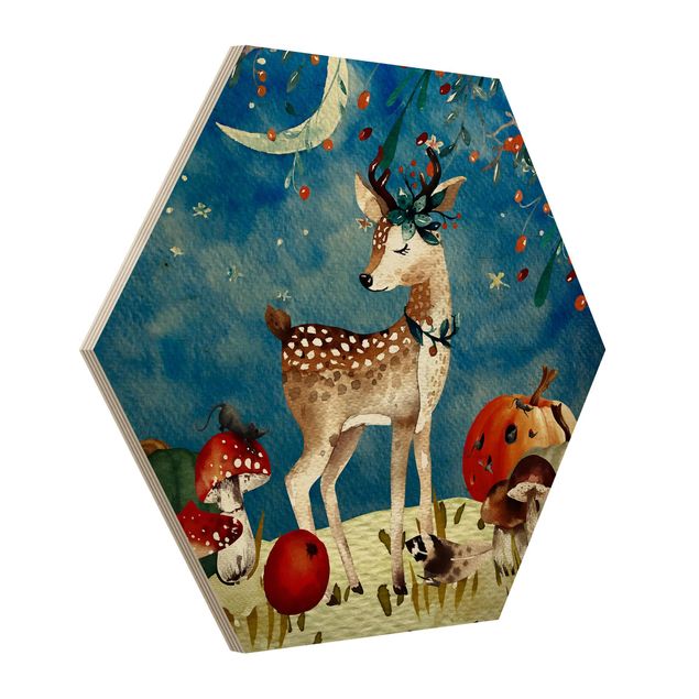 Hexagon Picture Wood - Watercolor Deer In The Moonlight
