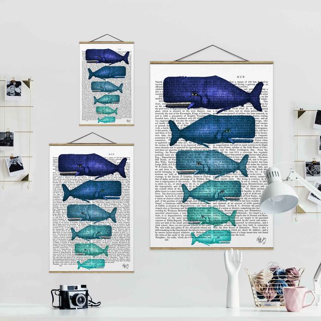 Fabric print with poster hangers - Animal Reading - Whale Family