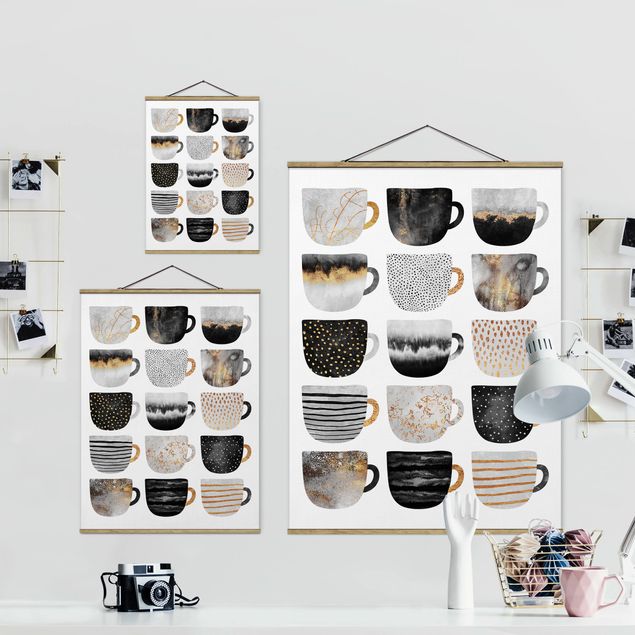 Fabric print with poster hangers - Golden Mugs Black White