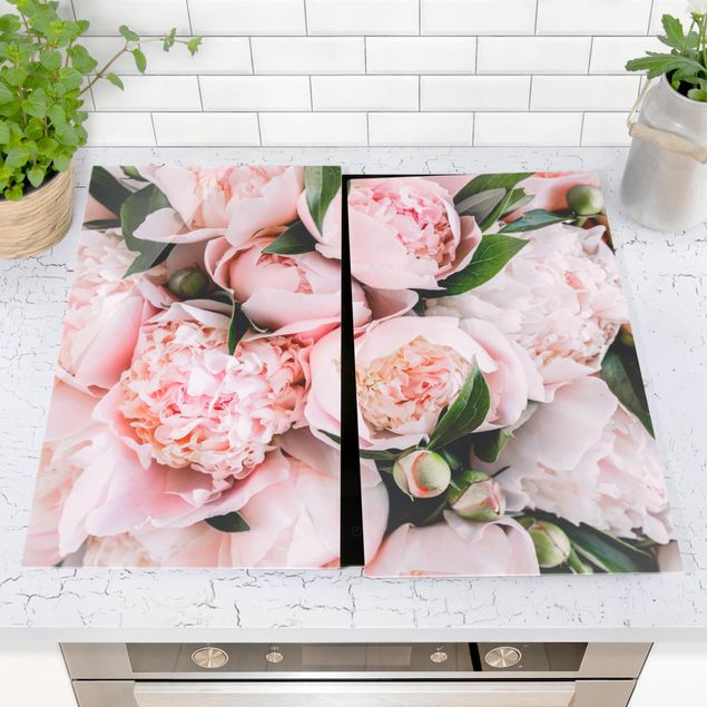 Glass stove top cover - Pink Peonies With Leaves