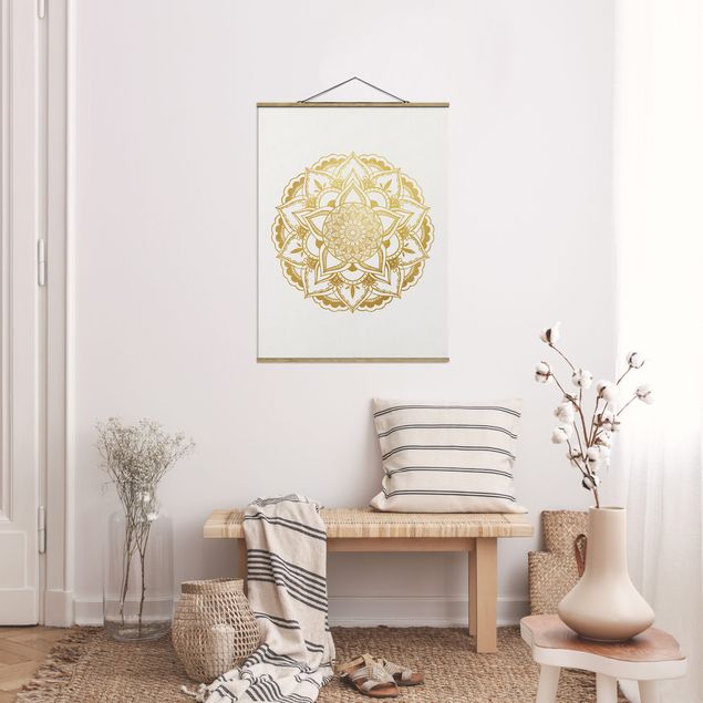 Fabric print with poster hangers - Mandala Illustration Ornament White Black