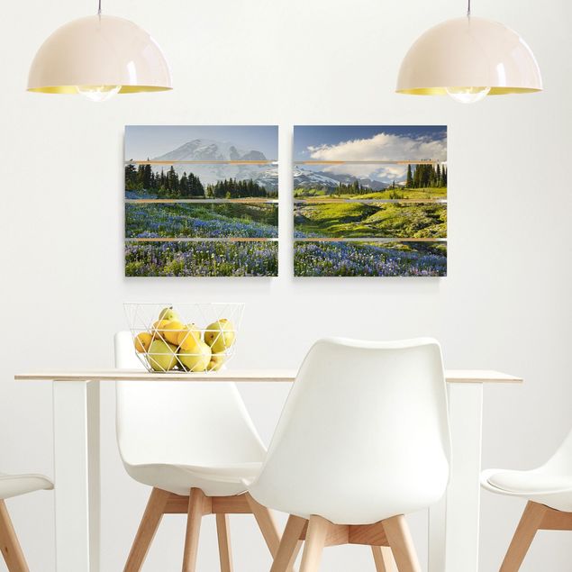 Print on wood - Mountain Meadow With Blue Flowers in Front of Mt. Rainier