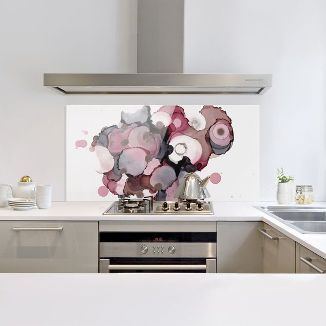 Glass splashback kitchen abstract Pink Beige Drops With Pink Gold