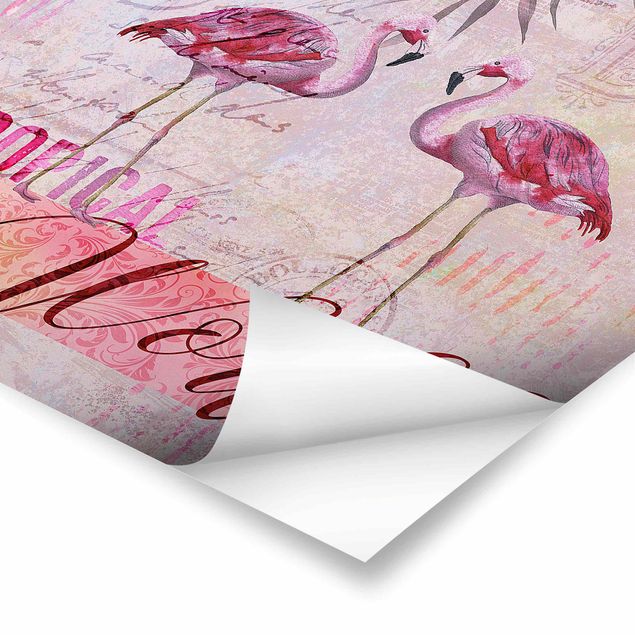 Poster - Vintage Collage - Tropical World Flamingos