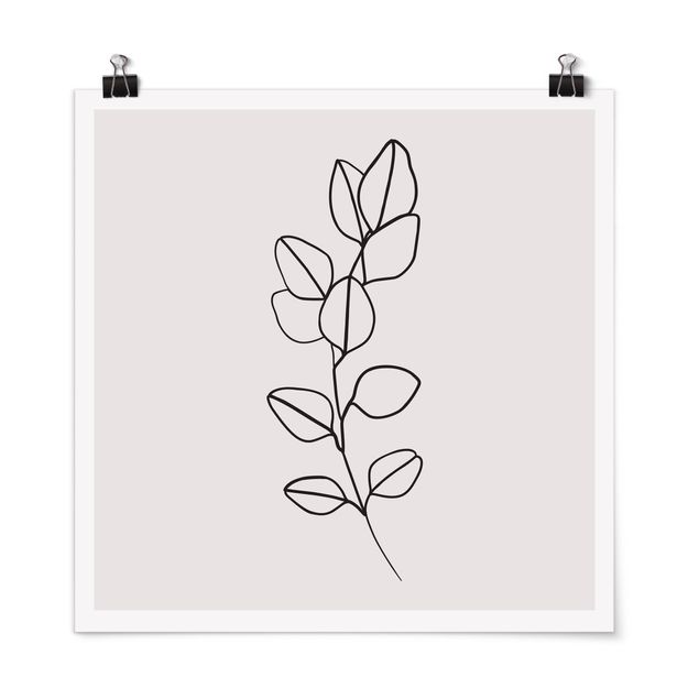 Poster - Line Art Branch Leaves Black And White