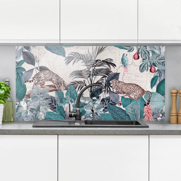Glass splashback kitchen flower Vintage Collage - Big Cats In The Jungle