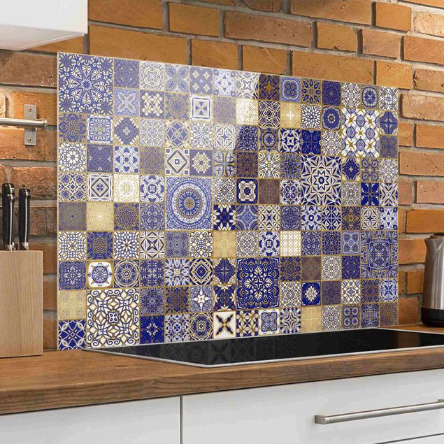 Glass splashback kitchen tiles Oriental Tiles Blue With Golden Shimmer