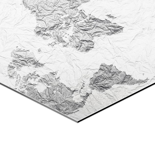 Alu-Dibond hexagon - Paper World Map White Grey