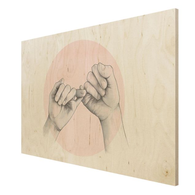 Print on wood - Illustration Hands Friendship Circle Pink White