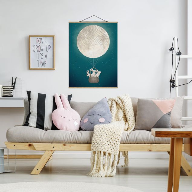 Fabric print with poster hangers - Illustration Rabbits Moon As Hot-Air Balloon Starry Sky