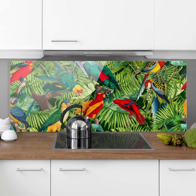 Glass splashback patterns Colourful Collage - Parrots In The Jungle