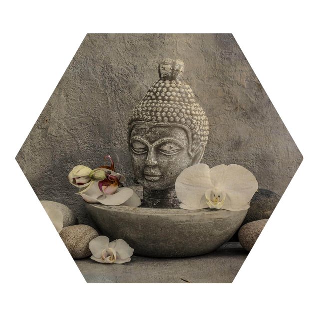 Hexagon Picture Wood - Zen Buddha, Orchids And Stones