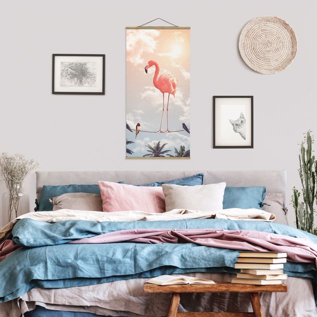 Fabric print with poster hangers - Sky With Flamingo