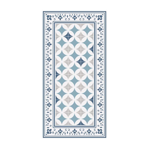 modern area rugs Geometrical Tiles Circular Flowers Dark Blue With Border