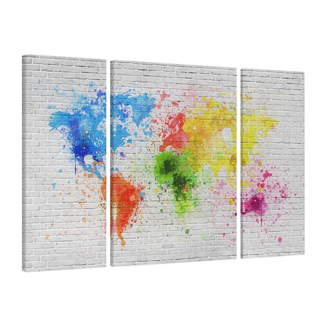 Print on canvas 3 parts - White Brick Wall World Map