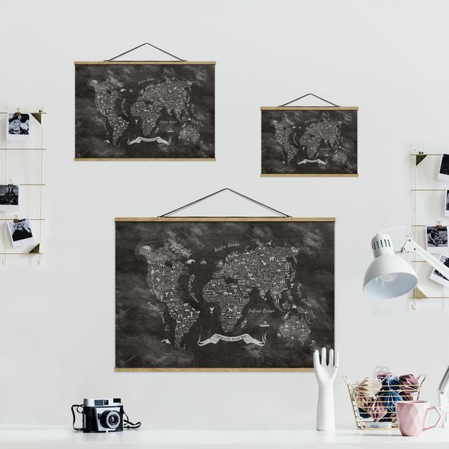 Fabric print with poster hangers - Chalk Typography World Map