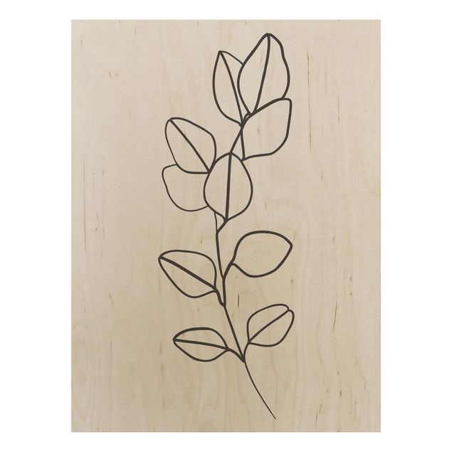 Print on wood - Line Art Branch Leaves Black And White