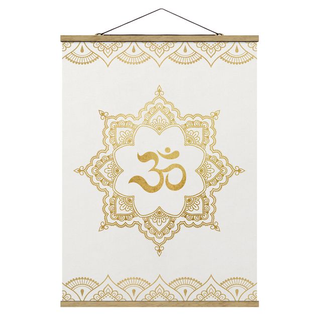 Fabric print with poster hangers - Mandala OM Illustration Ornament White Gold