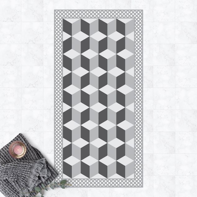 Balcony rugs Geometrical Tiles Illusion Of Stairs In Grey With Border