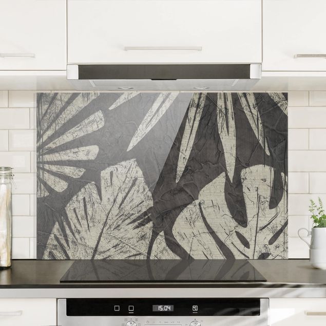 Glass splashback kitchen flower Palm Leaves Dark Grey Backdrop