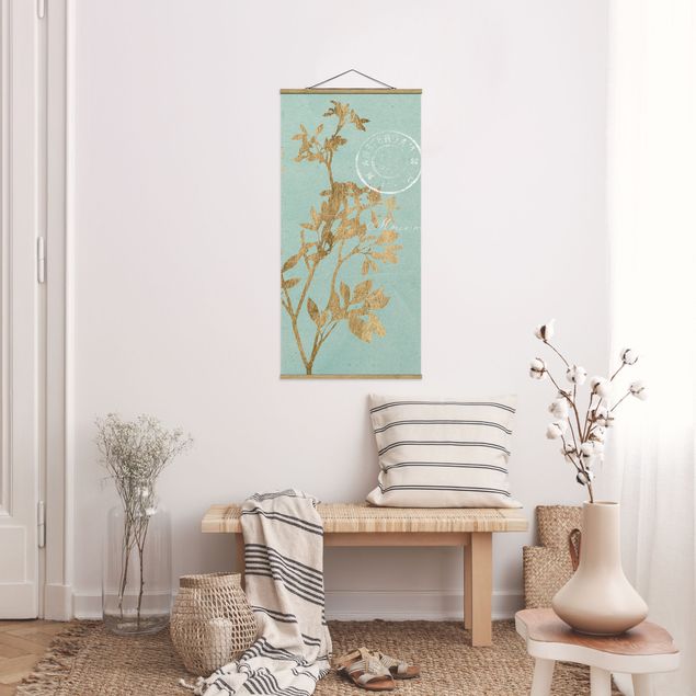 Fabric print with poster hangers - Golden Leaves On Turquoise I