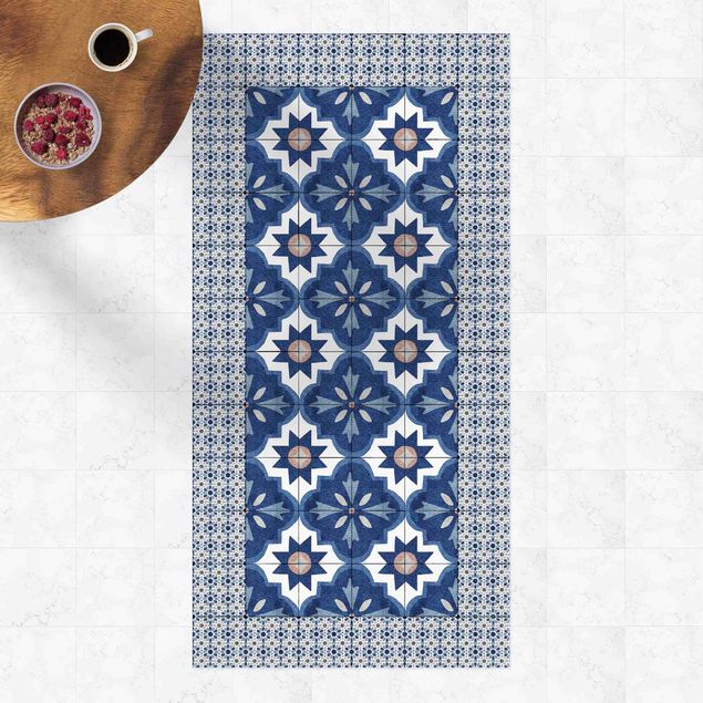 Balcony rugs Moroccan Tiles Watercolour Blue With Tile Frame
