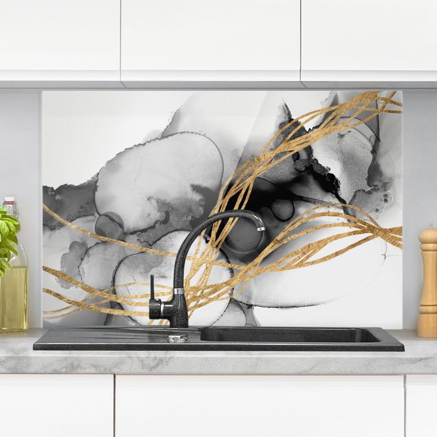 Glass splashback abstract Black Ink With Golden Lines II