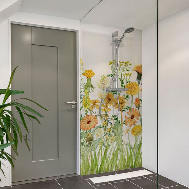 Shower wall panels Watercolour Flower Meadow In Gelb
