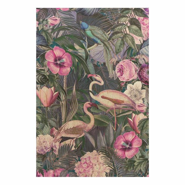 Print on wood - Colourful Collage - Pink Flamingos In The Jungle