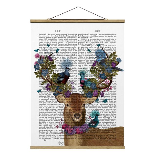 Fabric print with poster hangers - Fowler - Deer With Pigeons