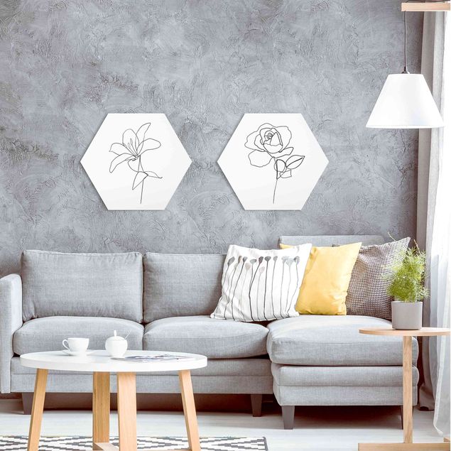Alu-Dibond hexagon - Line Art Flowers Black White Set