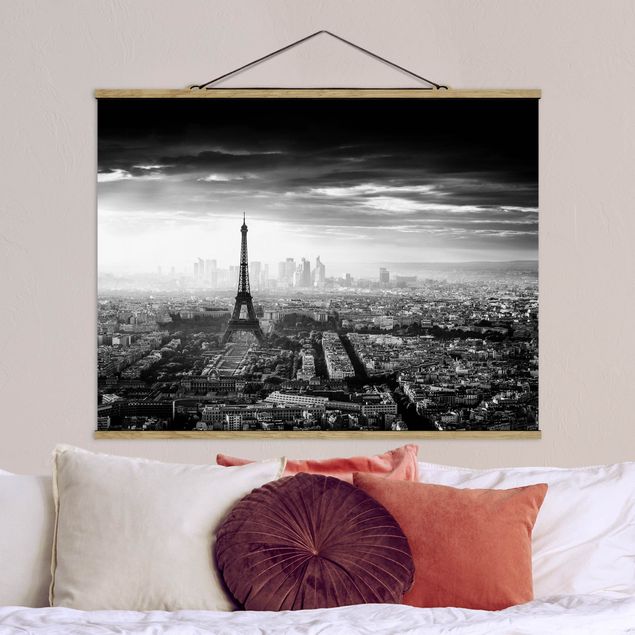 Fabric print with poster hangers - The Eiffel Tower From Above Black And White