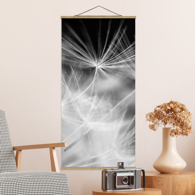 Fabric print with poster hangers - Moving Dandelions Close Up On Black Background