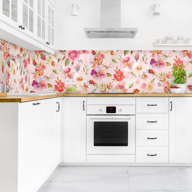 Kitchen wall cladding - Watercolour Flowers On Light Pink