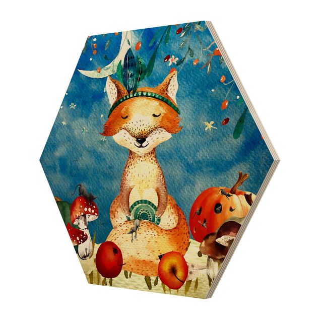 Hexagon Picture Wood - Watercolor Fox In The Moonlight