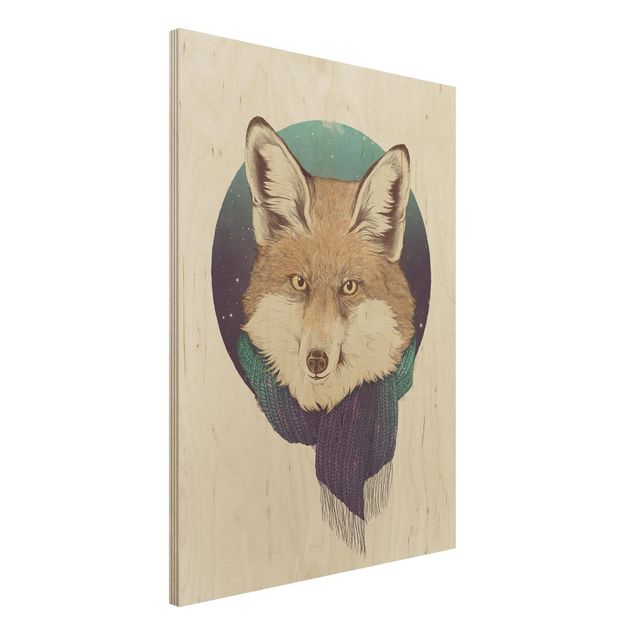 Print on wood - Illustration Fox Moon Purple Turquoise